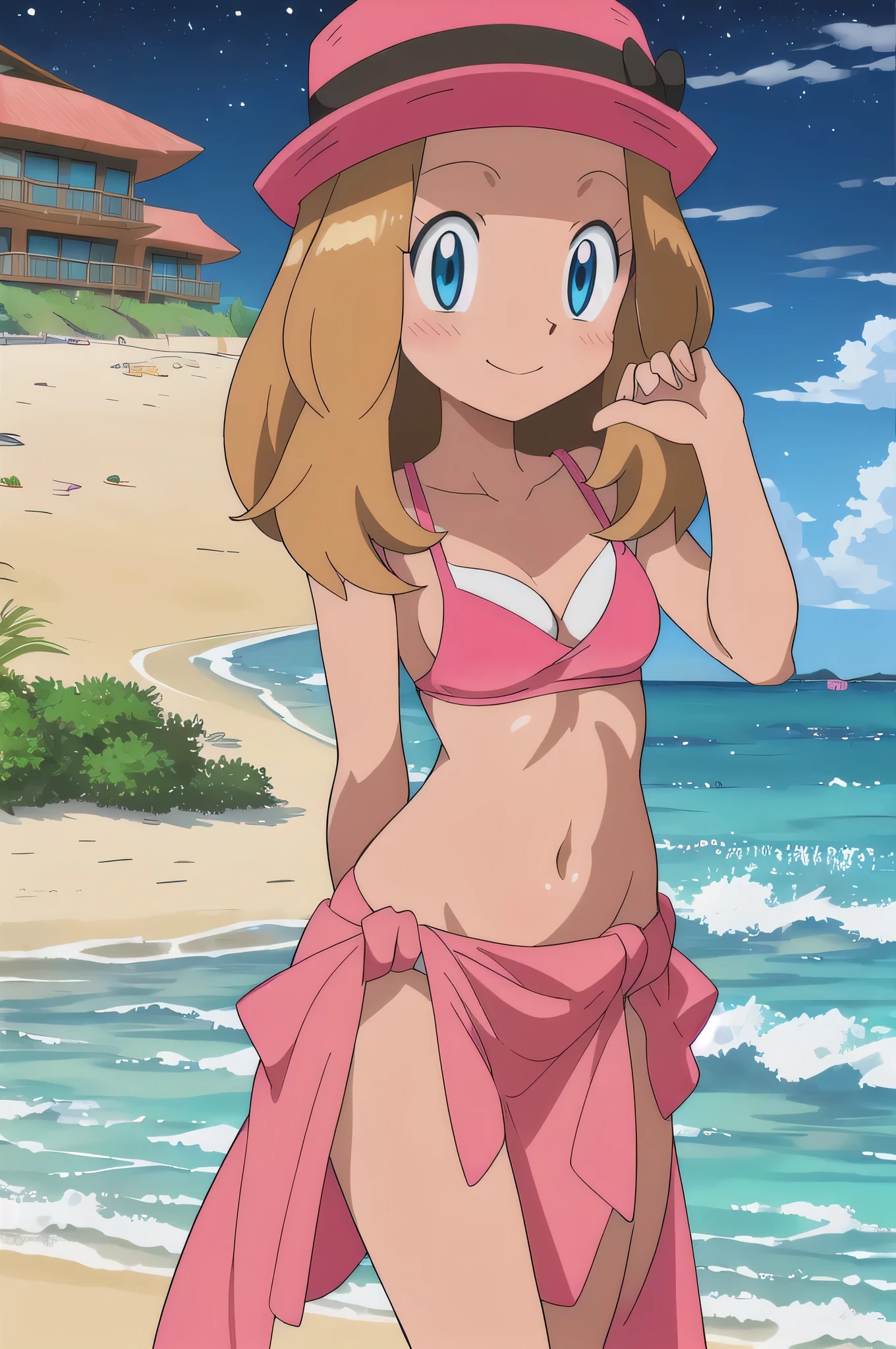 ((cute sarong)),((cute pink bikini)),masterpiece, best quality, highres, outdoors, 1girl, solo, serena (pokemon), pink headwear, looking at viewer,((hand behind back)),at night,Beach,
blush, bashful,(medium breast,cleavage),fashion model body shape