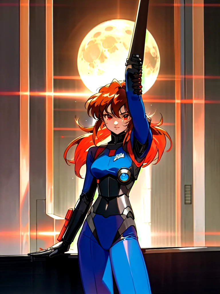 Kenichi Sonoda, retro art-style, 90s Japanese Anime Style, "bubblegum crisis", Sci-fi, Cyberpunk, Neon, Dystopia, (This story is set in the near future of Mega Tokyo in 2032 and depicts the exploits of beautiful young girls who are Knight Sabers, shadow executioners. At midnight, on the spire of a particularly tall skyscraper, a person wearing a metal hard suit that covers the entire body from head to toe can be seen standing stylishly against the backdrop of the full moon. The shadow that stands out against the backlight of the moon is made of smooth curves, creating a feminine body line.), The main character, "Priss", 1girl, solo, 20yo, anime beauty, Cool beauty, Unparalleled beauty, Brown medium length hair, red eyes, Sharp eye, dark blue metal hard suit with orange lines, fearless look, smile, Standing alone in the backlight, he looks cool and stylish., looking at viewer, close-up photography of upper body, Depth of field, character focus, (masterpiece, anime cg, official art, work of art, Award-winning work, extreme quality, ultra high definition, all intricate, overall detailed, finely detailed, super detailed, very aesthetic, boast pompously, focus on entire screen, asymmetrical, raytraced, caustics, textile shading, incredibly absurd resolution, absolutely resolution, ultra high resolution, professional, vivid colors, perfect anatomy, ideal facial features, beautiful detailed face, ideally proportioned figure, perfectly beautiful body),
