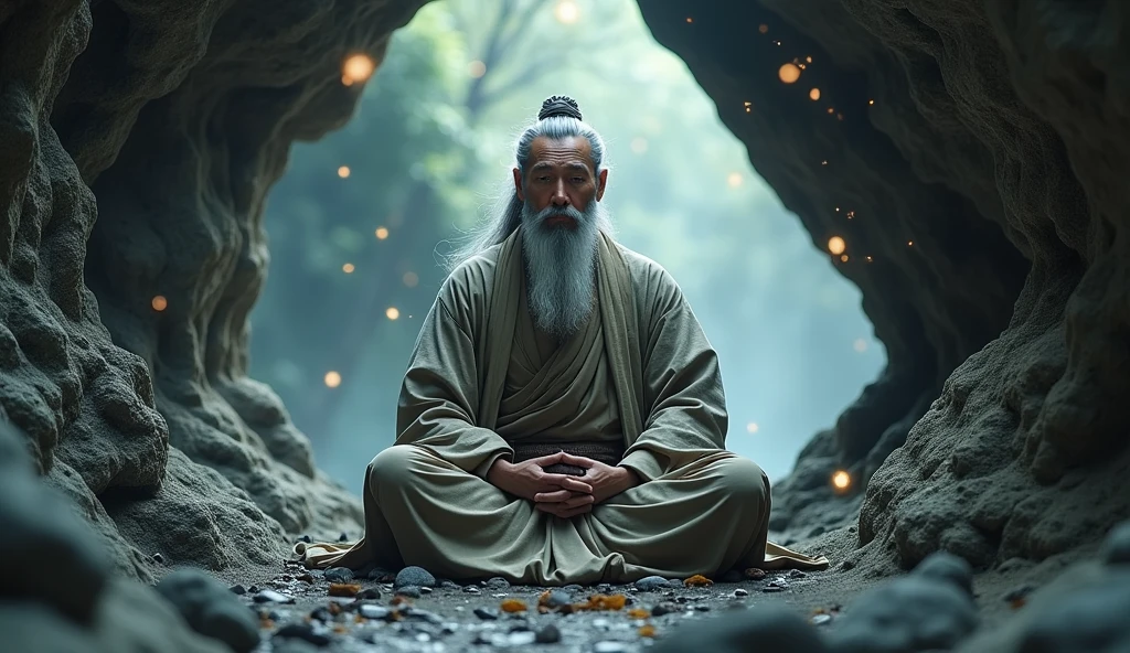 石の中に座る30歳の中年アジア人Taoismの長老のクローズアップ,length, Grey hair,barba lengtha,Meditating cross-legged,Taoism, Vestind um mant sinza,Magical Aura,Taoism master,Taoism,Very bright color, Particles of light, In bright light, Musibu, Wallpaper Art, UHD wallpaper