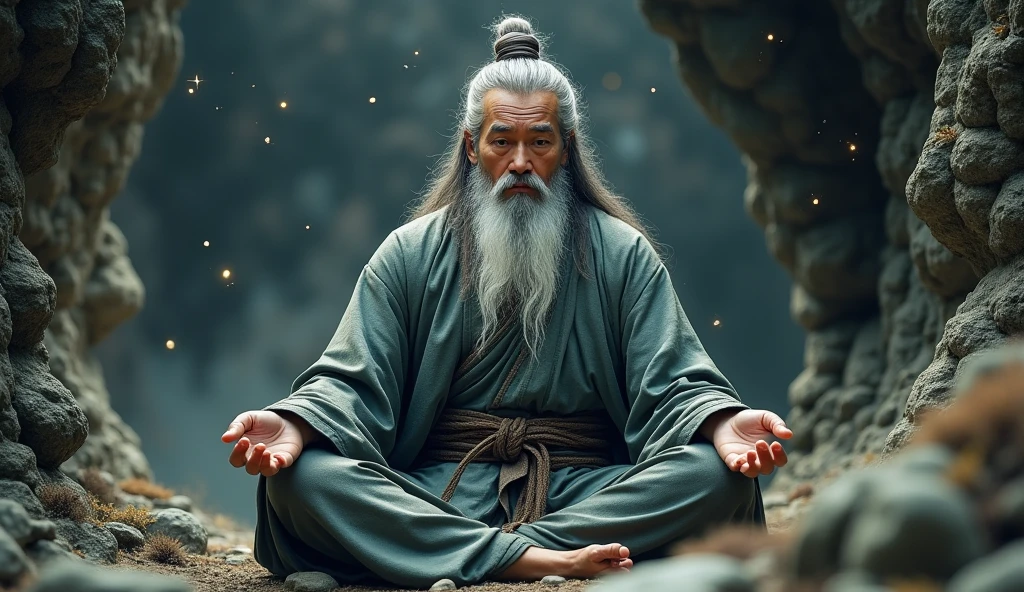 石の中に座る30歳の中年アジア人Taoismの長老のクローズアップ,length, Grey hair，barba lengtha，Meditating cross-legged，Taoism, Vestind um mant sinza，Magical Aura，Taoism master,Taoism，Very bright color, Particles of light, In bright light, Musibu, Wallpaper Art, UHD wallpaper