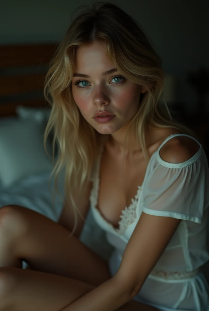(((ultra realistic))) Photo, masterpiece, top quality, (pale skin), (Ultra detailed face and eyes:1.3), 1 girl, ((Adult)) , naked, (Eye makeup, mascara), ((sensual and thin lips)), ((blonde elegant mediumhair)), ((elegant Stylish hairstyle)) , ((deep blue eyes)), (Natural medium breasts). ((Posing)), photoshoot, (Soft) Lighting, (The play of light and shadows in a dark room), depth of field, bokeh, (special attention to skin detail: 1.2), Detailed leather texture, skin pores. (Warm atmosphere of the frame. color scheme - black, Red, green tones), UDR, ((Film grain)), (moon rays), ((open full body view, extemely detailed)) , ultra detailed, naive sexy woman, translucent gaze t-shirt, woman sitting in bed, woman in white lingerie (cozy night bedroom), ((slim long leg)),