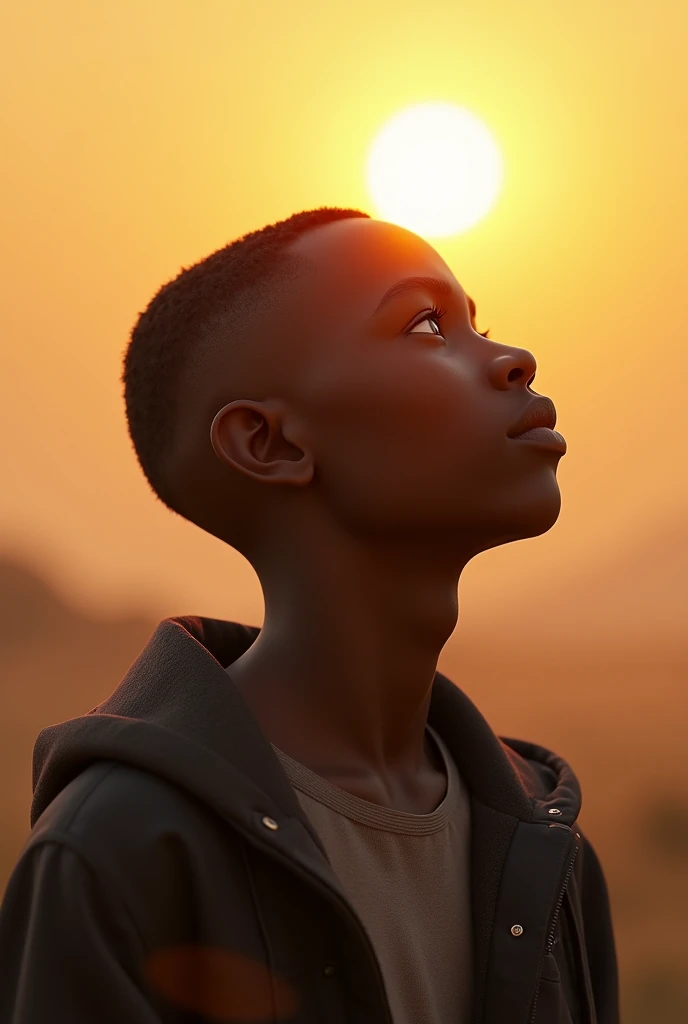 A old black boy ,shy ,guapo, flat nose,shaved hair ,hyper realistic 3D image,mega guapo ,regardant le soleil
