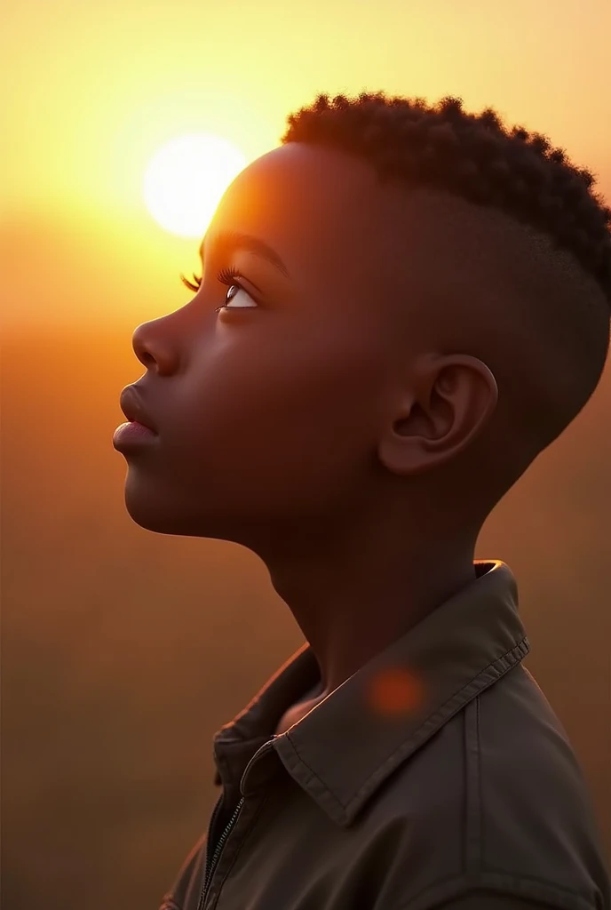 A 15 year old black boy ,shy ,guapo, flat nose,shaved hair ,hyper realistic 3D image,mega guapo ,regardant le soleil