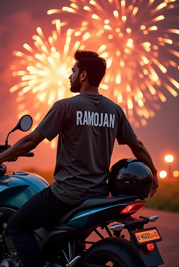 Hi Leonardo, I want you to generate an image, A lawyer who has a pulsar NS200 brand motorcycle . The background of the image must be fireworks, The lawyer must be wearing a t-shirt with the name RAMOJAN on the back., In his right hand he must carry a certified helmet.
The image must be like a WhatsApp profile.
The image should be a little further away, not so close.
