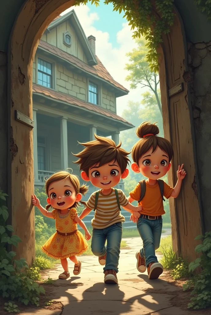 The Three Friends:
• Description: Three children — a girl with short hair and a colorful dress, one with brown hair and a striped t-shirt, and one with her hair tied up in a bun and jeans — exploring the old house with expressions of curiosity and excitement.