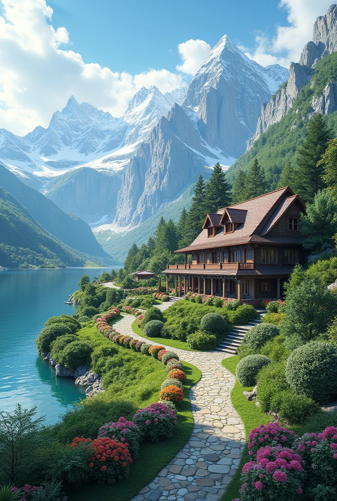 Beautiful houses with gardens in the mountains on the banks of a lagoon 5