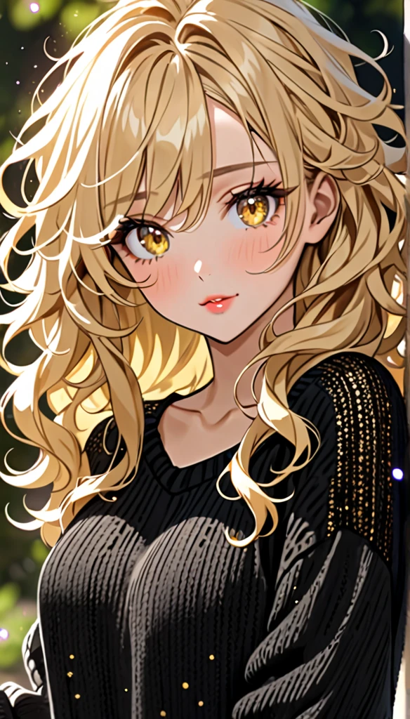 Beautiful and blond messy styled hair, best quality, beautiful woman, amorous expression, blonde messy wavy hair, light blonde hair, yellow eyes, make-up, wearing loose fitting black summer knit sweater, sparkly fluffy, flaunting her hair