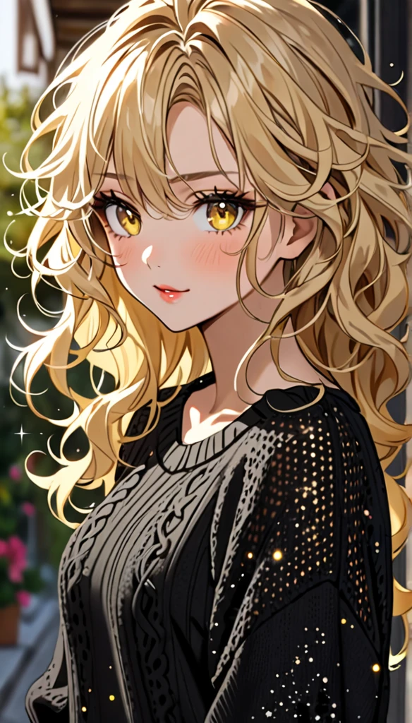 Beautiful and blond messy styled hair, best quality, beautiful woman, amorous expression, blonde messy wavy hair, light blonde hair, yellow eyes, make-up, wearing loose fitting black summer knit sweater, sparkly fluffy, flaunting her hair