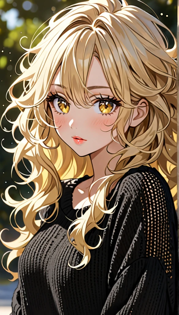 Beautiful and blond messy styled hair, best quality, beautiful woman, amorous expression, blonde messy wavy hair, light blonde hair, yellow eyes, make-up, wearing loose fitting black summer knit sweater, sparkly fluffy, flaunting her hair
