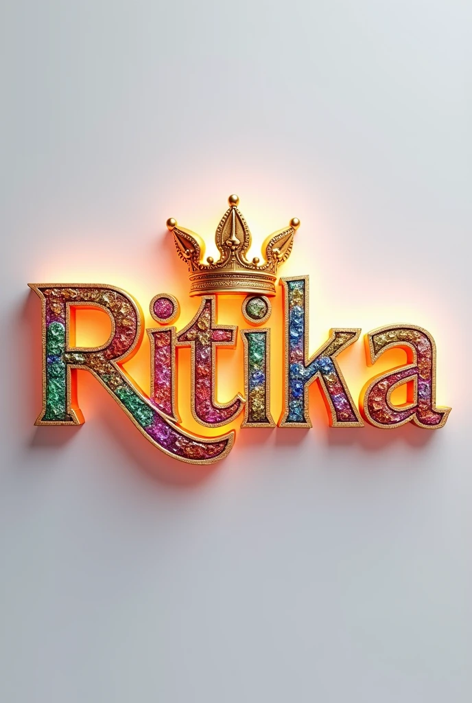 A mesmerizing 3D digital art masterpiece that captivates the viewer with itsintricate design the name Ritika is promineantly displayed in a striking font adormned with a luxurious Golden crown of follows behind adding to the design virtualappeal the name glows in vibrrant colows such as good red deep blue pink Green and Purple. enhanccing it's breathhaking beauty warm silver lighting illuminates the design creating depth are strategically placed for added glamour the pristine white background highlights
