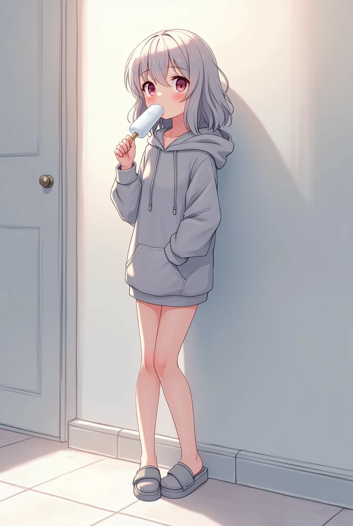 Loose grey hoodie,Small size spats,Gray Hair,long hair,blush,Blowjob,Show the whole picture,Slim beautiful legs,Masturbation,anime,Are standing,Licking a melting white popsicle
