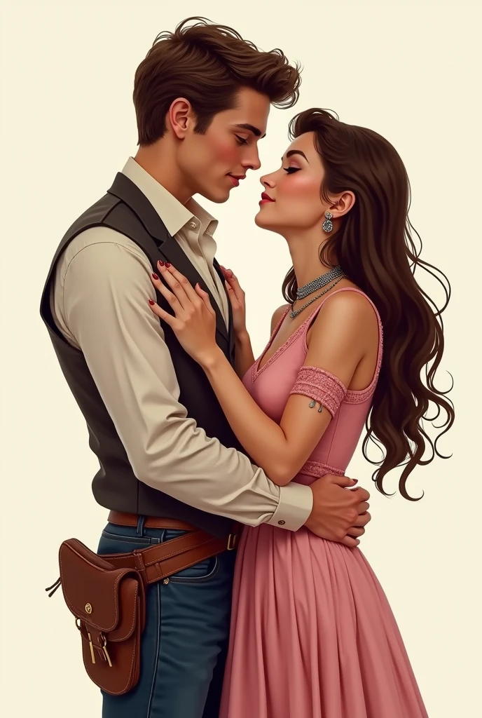 Peter holding Julia close looking at each other. Julia wearing expensive luxury dress and jewellery pink tweed blouse and skirt peter wearing cowboy outfit both are agers in digital drawing style with no background