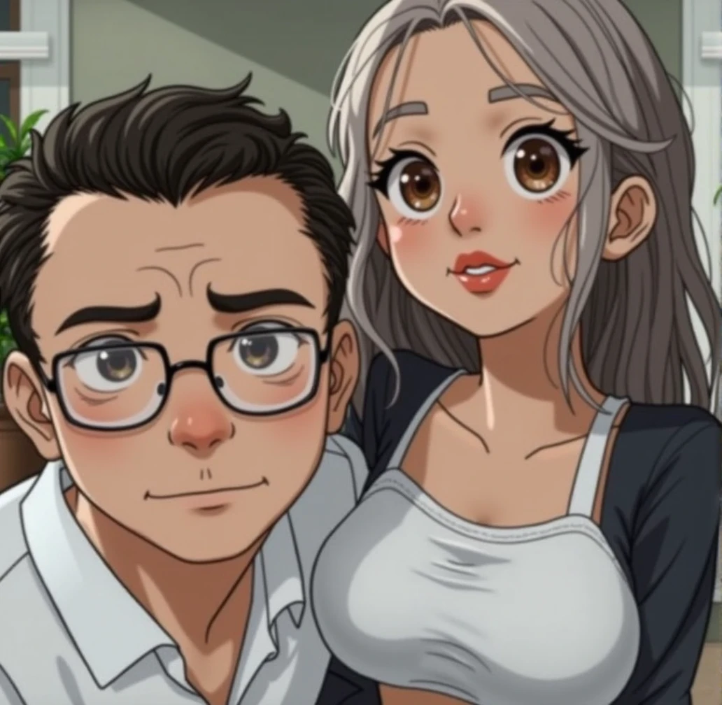 man about 40 years old, a little robust,with lenses, Standing with his girlfriend, showing love, wearing a loose black off-shoulder blouse , mini skirt, Long and curly hair, with glasses, outdoor, Soft lighting, Plants in the background, window with sunlight, relaxed pose, realist