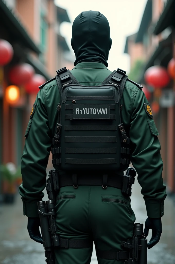 Create a photorealistic image of a male Vietnamese Special Police Force (CSCĐ) officer seen from behind. He is in the standard dark green uniform, featuring a tactical vest, duty belt with equipment, and black boots. His face is hidden by a black balaclava or helmet with a visor, adding a sense of mystery. The background should depict an urban Vietnamese setting with modern and traditional elements. Use realistic lighting and textures to emphasize the uniform’s details and create a professional, enigmatic atmosphere.