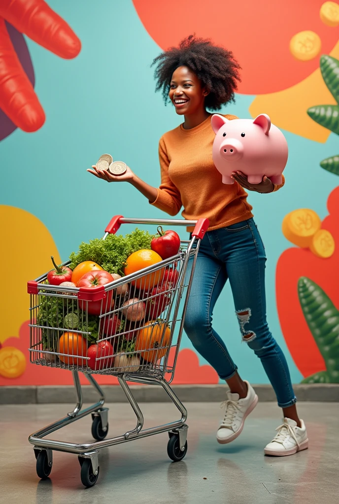 Billboards for a supermarket that focuses on selling affordable products, where a woman who has a piggy bank in her left hand and with her right hand takes the supermarket cart that is full of vegetables and fruits. in a creative way. that the fund is made of coins