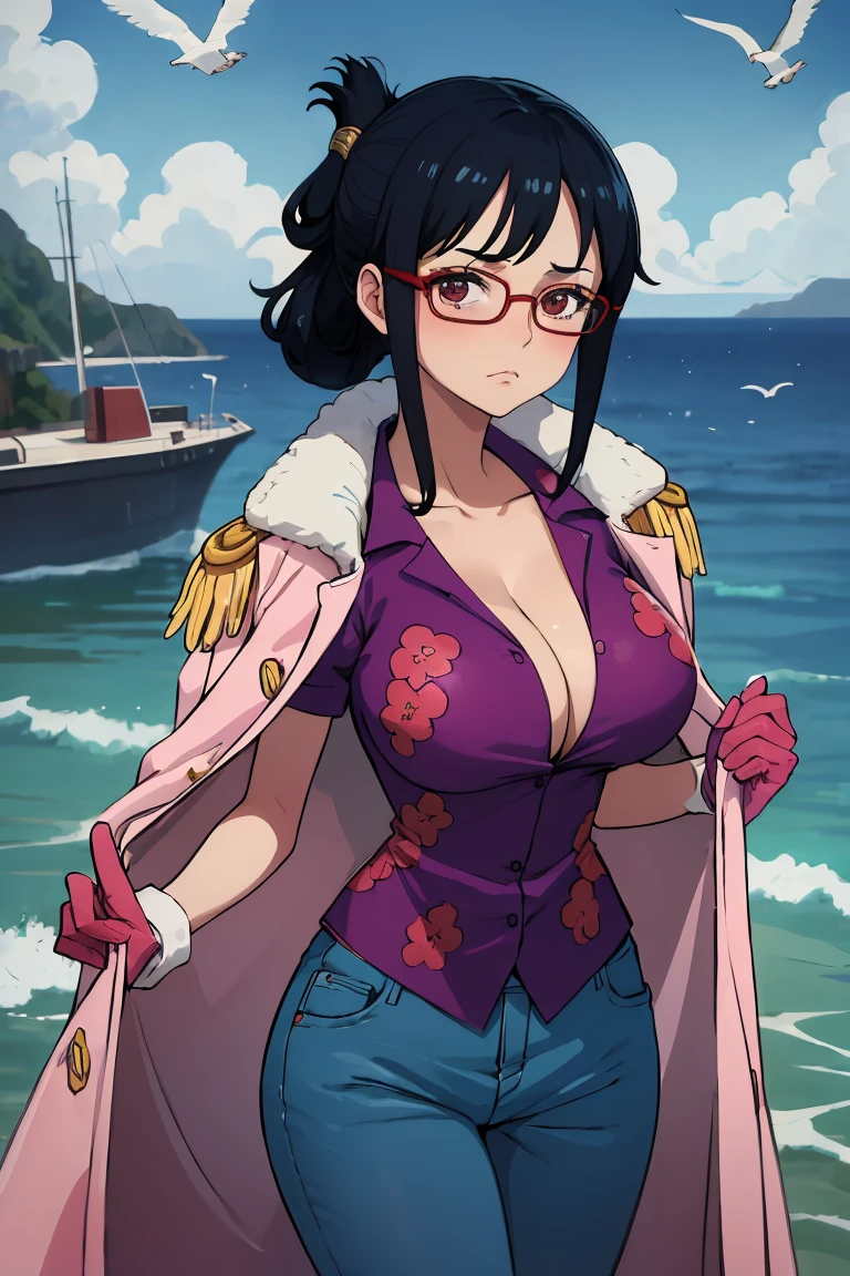 glasses, folded ponytail, pink coat, coat on shoulders, purple shirt, pink gloves, blue pants masterpiece, best quality, absurdres, ship, on deck, ocean, flying seagulls, looking at viewer, big breasts, cleavage, undressing, looking at viewer, close up,
