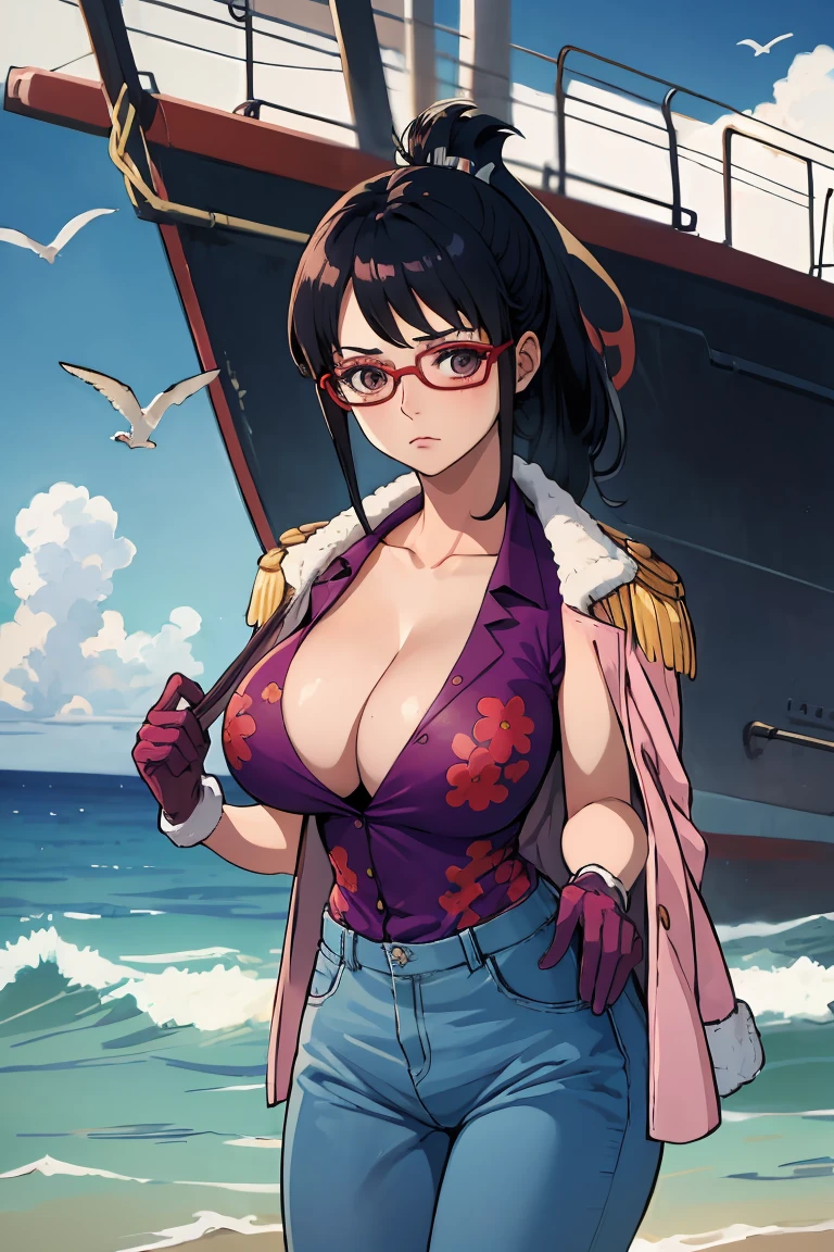 glasses, folded ponytail, pink coat, coat on shoulders, purple shirt, pink gloves, blue pants masterpiece, best quality, absurdres, ship, on deck, ocean, flying seagulls, looking at viewer, big breasts, cleavage, undressing, looking at viewer, close up,