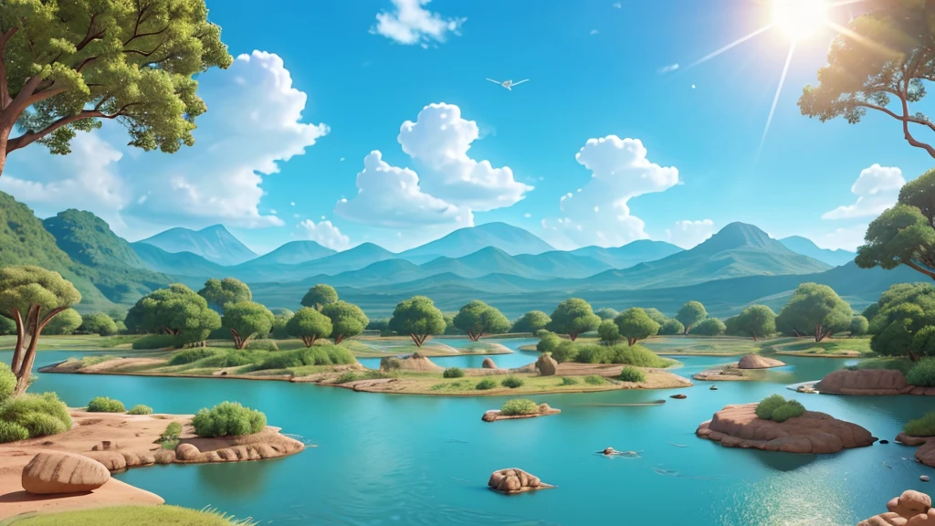river where a group of Brachiosaurus was drinking water., a relentless sun shining in the sky, , 24mm wide angle lens, --with 16 :9-at 5. from another world. ilustrativo de Disney, (Best Quality, 4k, 8k,High resolution,masterpiece:1.2)Retailer, Disney