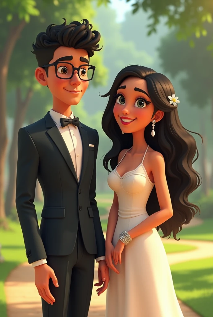 An animated Latin couple where the boy is taller than the girl, has very short curly hair, wear square glasses, He is dressed formally and has a grey and black bracelet. The girl is smaller, She has hair down her back, The hair roots are black and the tips are blonde., wear a dress for a civil wedding. And the girl has a white and grey bracelet that matches the boy's.. Let it be full body and a park in the background