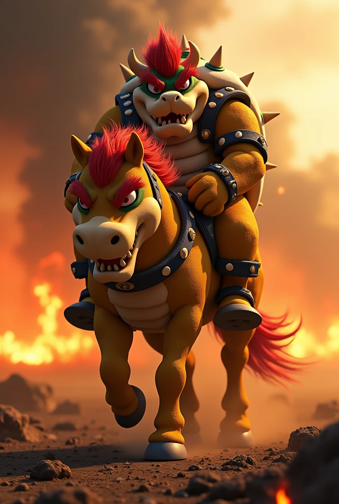 a mad bowser riding a horse in a cinematic view with fire 