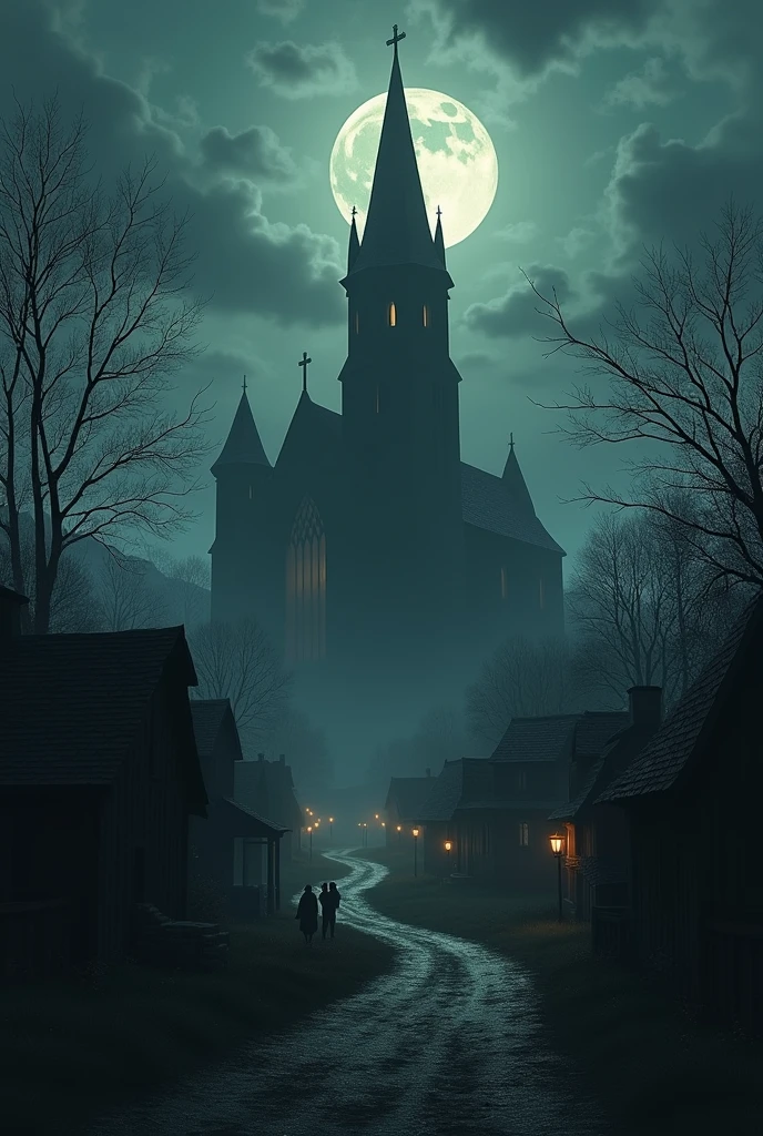 A dark village with only one dirt road and a large church at the end of it.