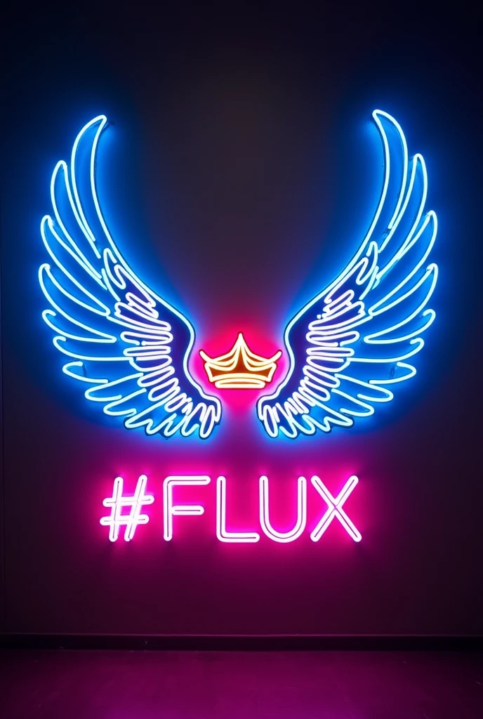 A vibrant neon sign setup. At the center, there are two large, illuminated wings in shades of blue, pink, and white, symmetrically positioned on either side of a smaller neon crown. Below the wings, a message in pink neon reads, '#FLUX'. The entire setup is mounted on a dark wall, with the neon lights glowing brightly against the backdrop.