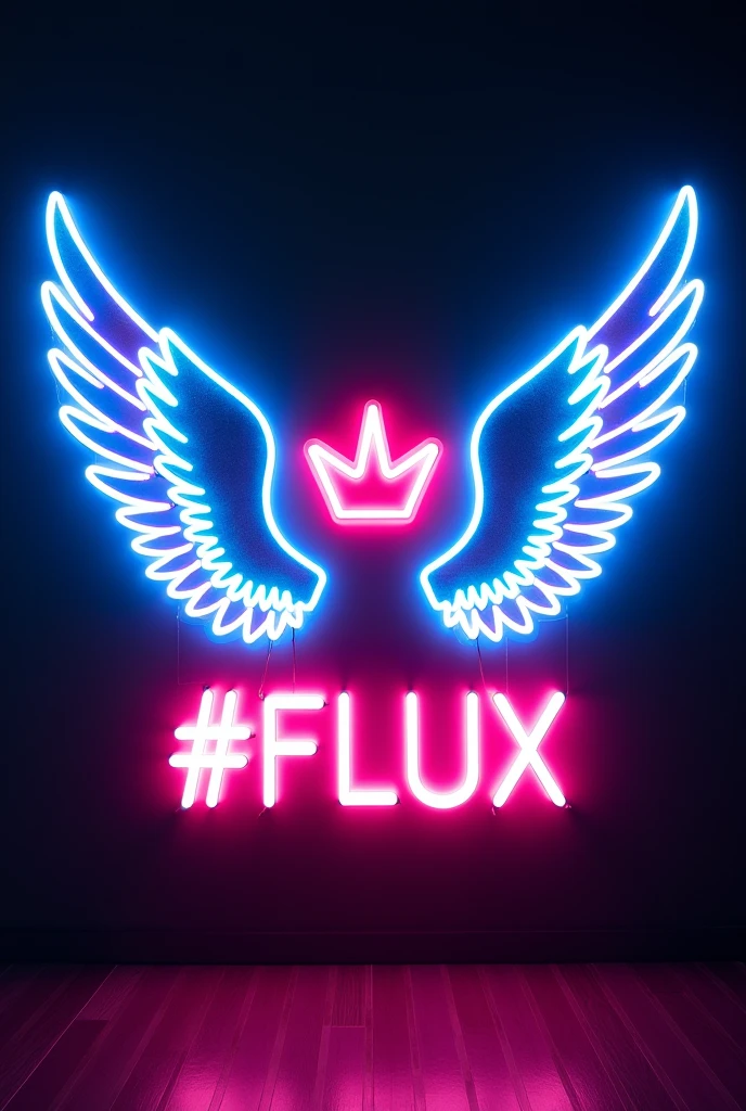 A vibrant neon sign setup. At the center, there are two large, illuminated wings in shades of blue, pink, and white, symmetrically positioned on either side of a smaller neon crown. Below the wings, a message in pink neon reads, '#FLUX'. The entire setup is mounted on a dark wall, with the neon lights glowing brightly against the backdrop.