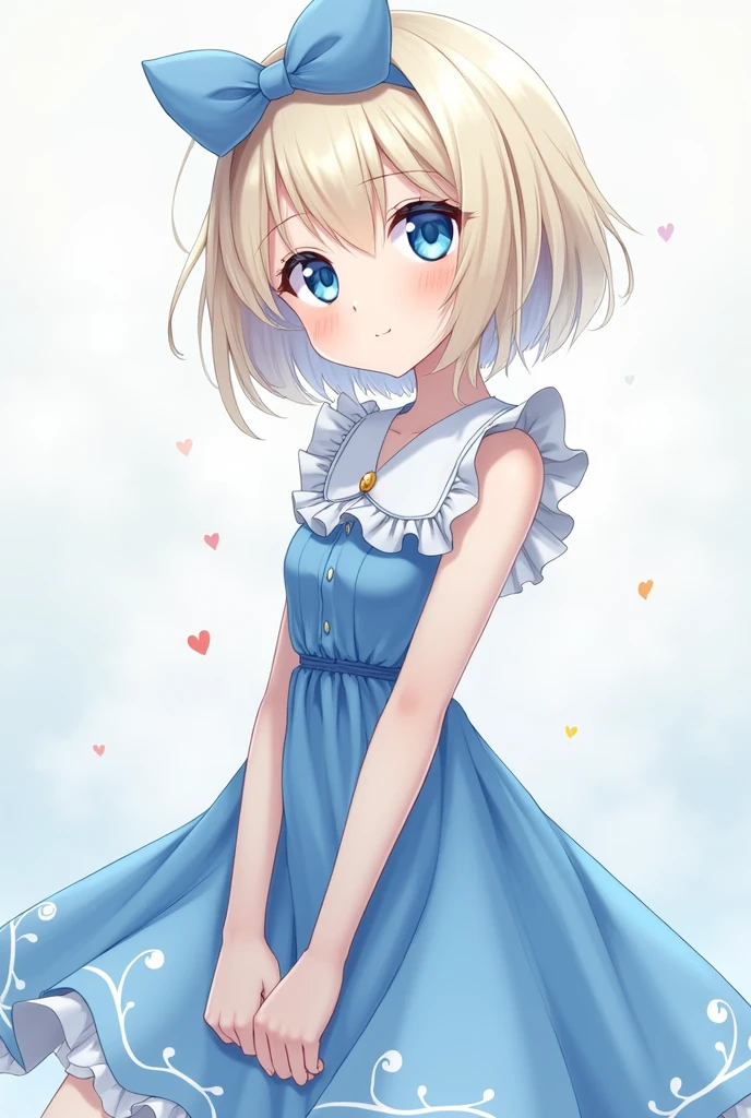 Anime girl blue eyes short blonde hair with blue clothes by cinamoroll 

