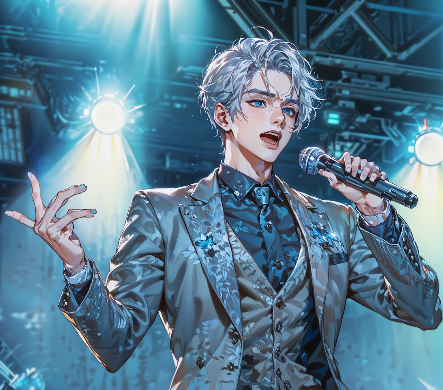 ((Highest quality，masterpiece，Extremely sophisticated details，long distance whole body view，A handsome Korean-style man with short silver-white hair and red and blue eyes，Singing on the concert stage，The spotlight shines on you，Wearing the boss&#39;s formal short black suit without tie and high collar，singer))，Extremely mature and handsome，Super domineering handsome guy，Gorgeous stage background
