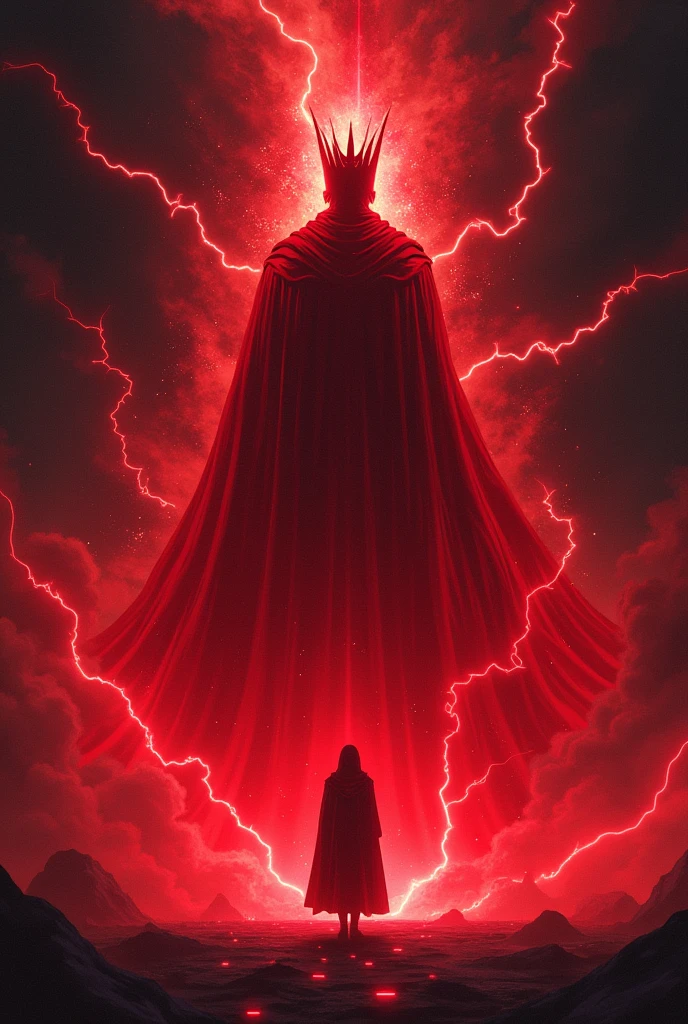 ((Best Quality)), ((masterpiece)), (detailed), an aura of electric king in anime style, all red color, with the black silhouette of a simple person in the center. With a black background, and with black magic rays.