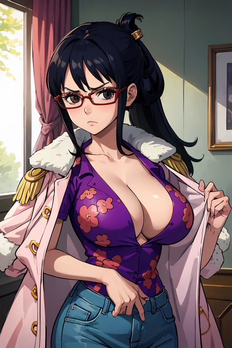 masterpiece, best quality, tashigi, black eyes, folded ponytail, glasses, pink coat, coat on shoulders, purple shirt, blue pants, upper body, looking at viewer, large breasts, serious, big breasts, cleavage, undressing, looking at viewer, room, close up,