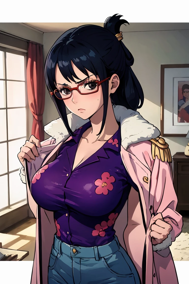 masterpiece, best quality, tashigi, black eyes, folded ponytail, glasses, pink coat, coat on shoulders, purple shirt, blue pants, upper body, looking at viewer, large breasts, serious, big breasts, cleavage, undressing, looking at viewer, room, close up,