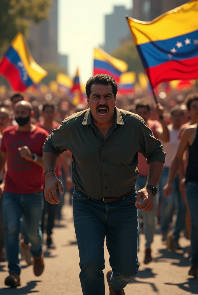 President Nicolás Maduro runs scared, chased by a crowd of Venezuelans with Venezuelan flags 