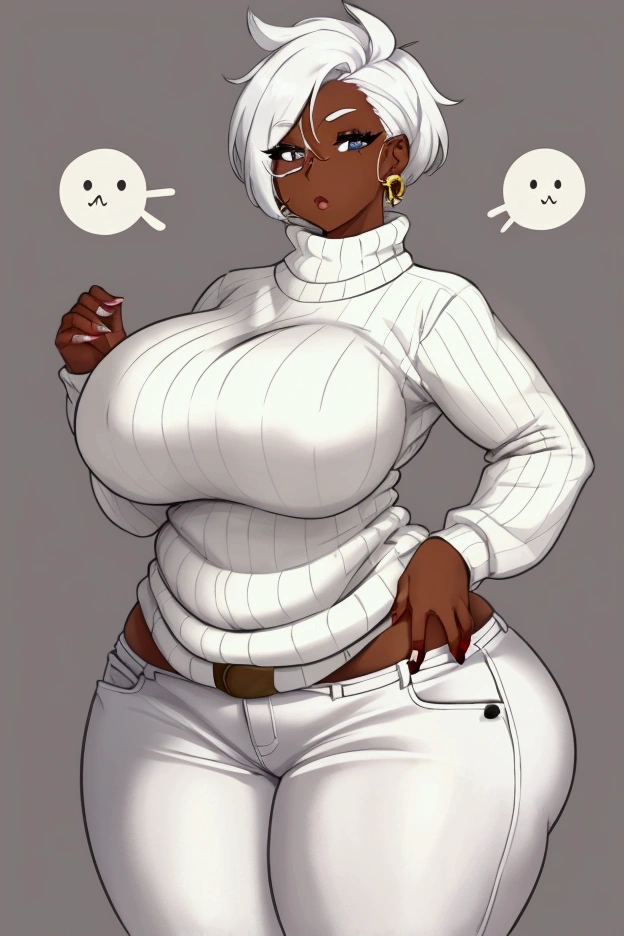Cow girl, oversized white sweater, dark skin, curvy, white hair, 24 years old, busty, no makeup