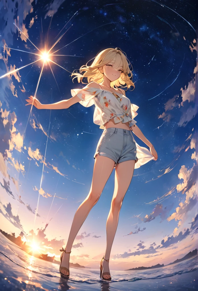 ((masterpiece)),(((Highest quality))),Thin thighs,Long legs,whole body:1.5,(One Girl:1.3),(More beautiful casual summer outfits:1.3),(Wearing light casual clothes:1.2),Short Blonde:1.2、Model pose,Gravure idol、
、flowerpunk、Sparkling light particles、Vivid gradient effect