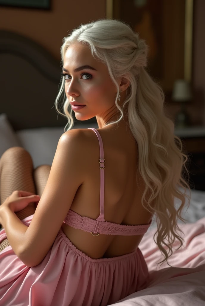 ((Best Quality)), ((masterpiece)), (detailed), Emilia Clarke, Daenerys Targaryen, in bed, fishnet stockings, smiling, pink underwear, harness, from behind showing the butt, half naked,