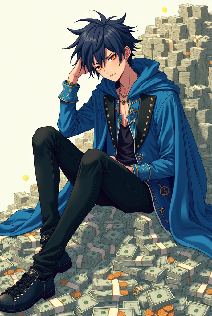 2D anime style character with a blue outfit with black details he looks cool with a touch of cuteness he is sitting on a pile of money with a bored face his position is the same as a bored king without a throne It has to be identical to an anime character