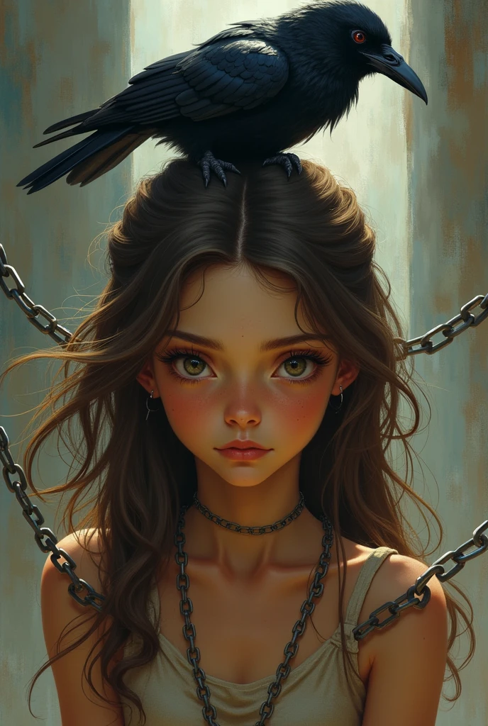 A young girl with brown hair and tanned skin chained with a raven posing on her head