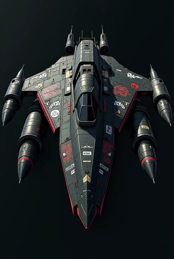 spaceship, 90s, anime, punk style, in the style of Jamie Hewlett, front view, plain background, black, cyberpunk, total black ship, punk stickers, crew size ship, guardians of the galaxy, milano starship, big rockets on the side, kinda bulky
--ar 4:7