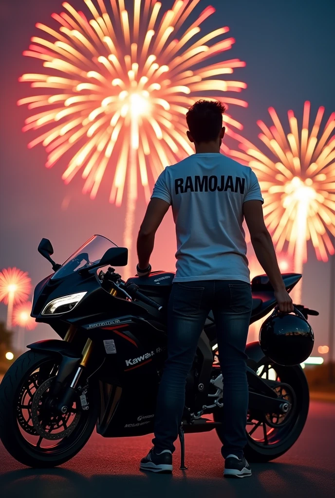 Hi Leonardo, I want you to generate an image, A Lawyer who is with a Kawasaki ninja H2r . The background of the image must be fireworks, The lawyer must be wearing a t-shirt with the name RAMOJAN on the back., In his right hand he must carry a certified helmet.
The image must be like a WhatsApp profile.
The image should be a little further away, not so close.
