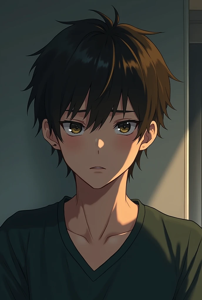 A man with brown hair (style anime) who looks like a high school student (with a slight goatee) with a rather mature and dark air