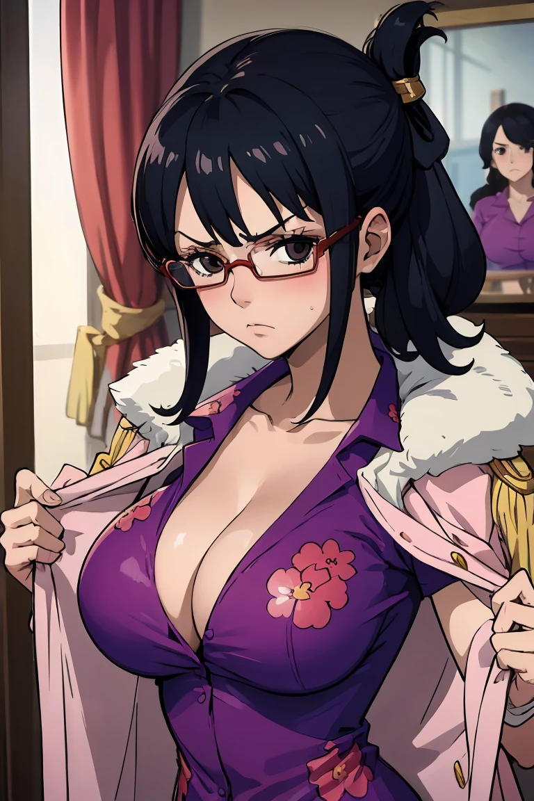 masterpiece, best quality, tashigi, black eyes, folded ponytail, glasses, pink coat, , purple shirt, looking at viewer, large breasts, serious, big breasts, cleavage, undressing, looking at viewer, room, close up, shy,