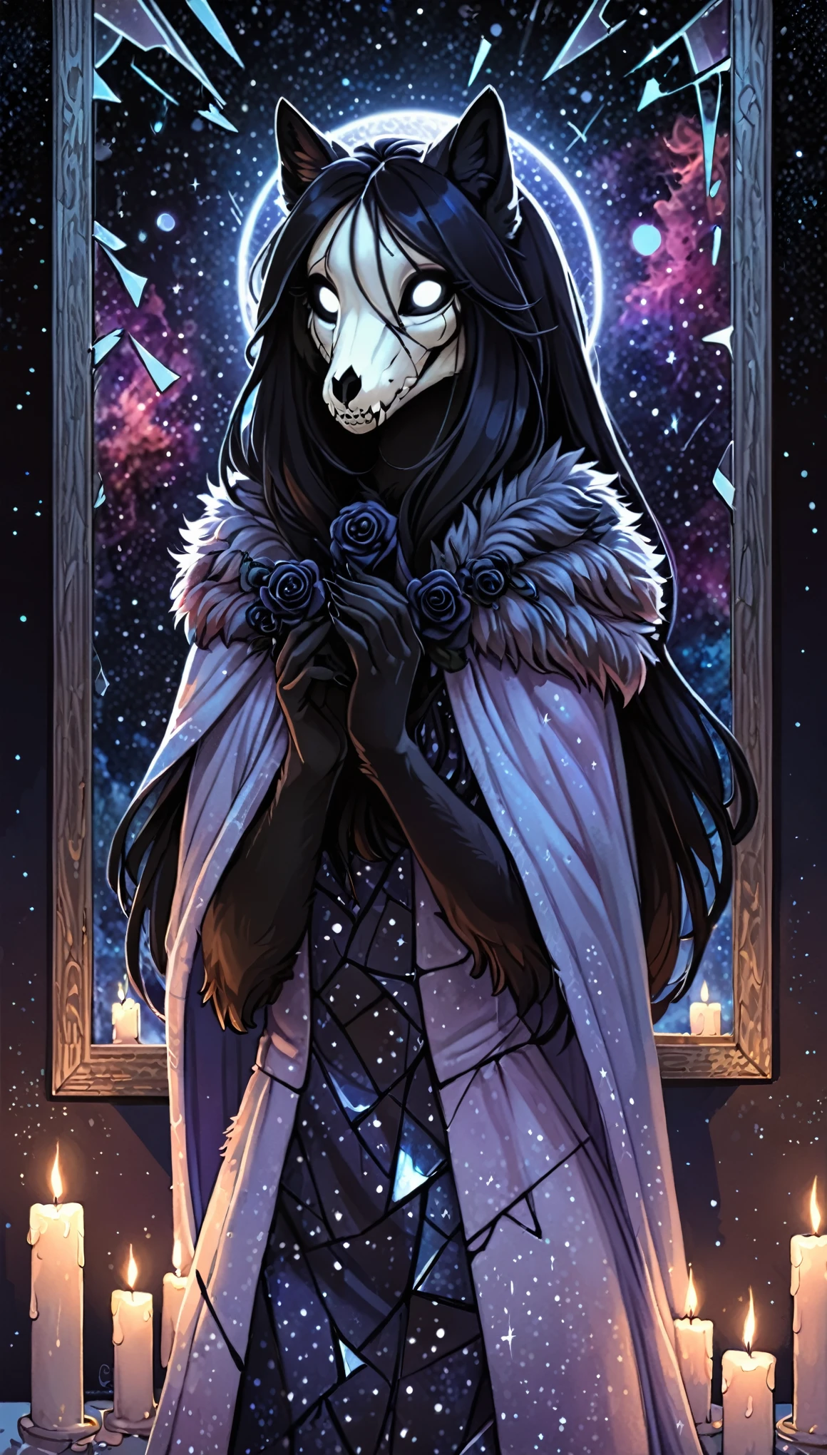 (by crooked-trees), best quality,
 high resolution, detailed body, hi res, absurd res, 1woman, furry, anthro, (SCP-1471, MalO, female, MalO body, Canine scull), (clothed, dressed, wear spackled dress, Coat:1.2), (long Royal fur Mantle:1.5), athletic, black straight hair, long haircut, black fur, detailed fur, cute hands, detailed hands, (broken mirror, darkness and space, background of the cosmos of night and stars), detailed light, night color pallet, night pastel soft light, candles, holding black rose, mammal, three-quarter portrait
standing