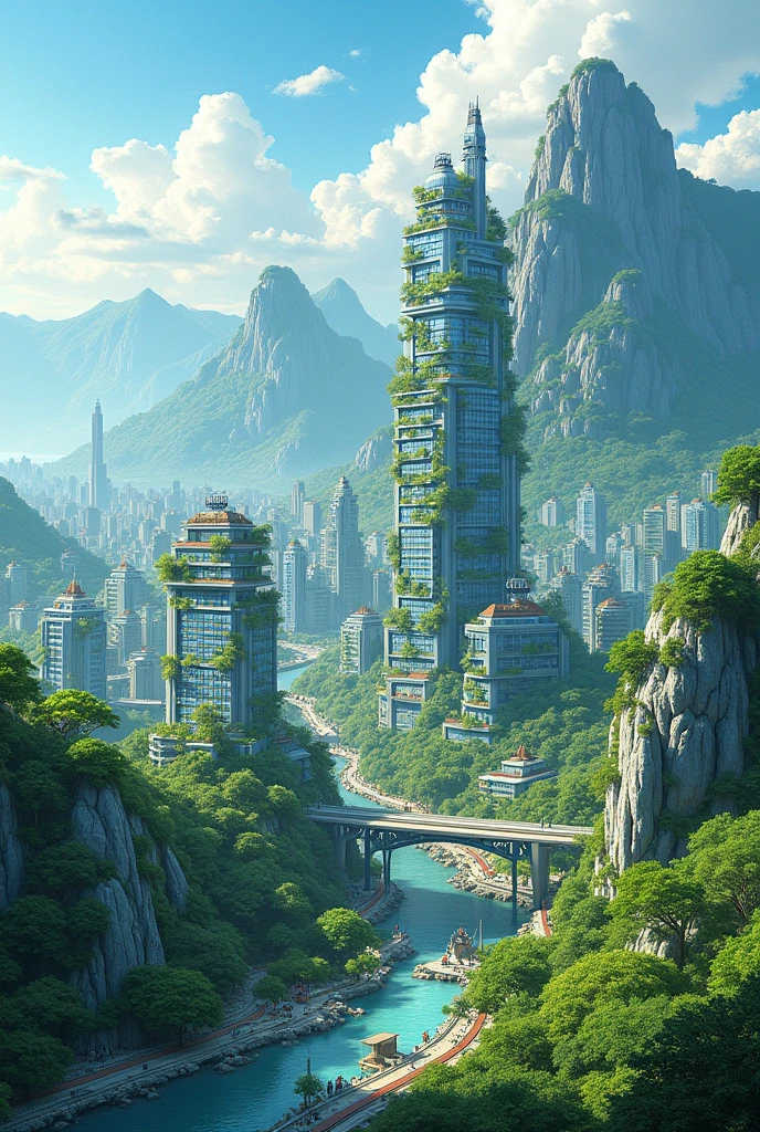 A green city with apartments and roadside train and mountains with an entrance gate marked Kaos city and an company named k-electronics.