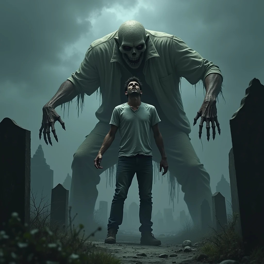 "Generates an image of a dark and spooky cemetery. In the middle, a man stands, with a panicked expression on his face. He is dressed in casual clothes, like a t-shirt and jeans, but his clothes are a little messy, as if he had been running or fighting. His eyes are wide open in terror, and it seems like he's trying to break free.
at your side, a zombie is approaching from the left. The zombie has pale, decaying skin., with parts of bone visible through the meat. His clothes are torn and dirty., hanging in tatters. The zombie's hands are outstretched and firmly gripping the man's arm.. The zombie's nails are long and dirty., and his fingers look tense, as if he was pulling the man towards him.