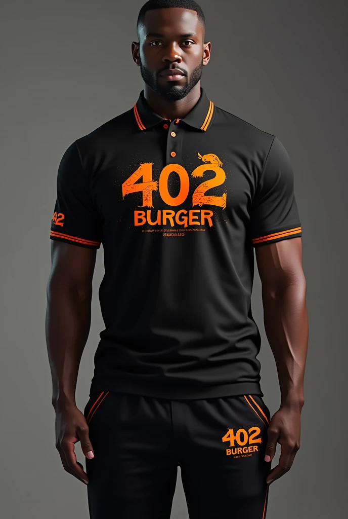 Design a complete uniform for a burger restaurant called 402 BURGER with an urban style, Black with small orange details, polo shirt and jogger pants that are disruptive innovation, that have a tribal with the word 402 BURGER on the shirt and that have an animal that can represent the hamburgers that make up the word 402 BURGER