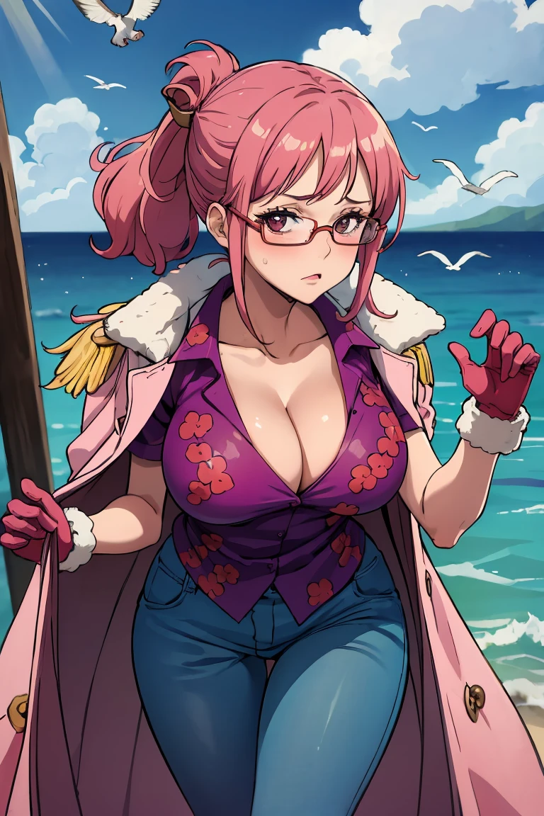 glasses, folded ponytail, pink coat, coat on shoulders, purple shirt, pink gloves, blue pants masterpiece, best quality, absurdres, ship, on deck, ocean, flying seagulls, looking at viewer, big breasts, cleavage, undressing, looking at viewer, close up, grabbing breasts