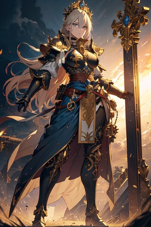 A full-body portrait of a young woman in anime style, with long, light blonde hair, framed by a white mantle adorned with golden details. She has intense blue eyes and wears a form-fitting blue armor with intricate engravings of leaves and flowers, and golden metal pieces covering her shoulders and arms. A dark brown leather belt with metallic buckles secures her armor at the waist. She wears brown leather boots, standing in a dynamic action pose. A cross-shaped pendant adorns her chest. The background features a blue sky with fluffy clouds, highlighting her majestic and noble appearance, visible from head to toe.