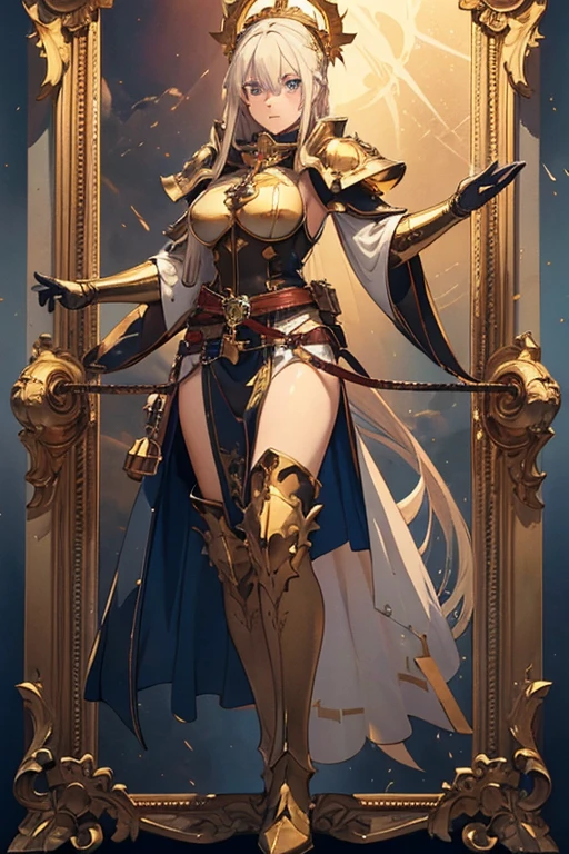 extremely long hair , ponytail, perfect anatomy 1 girl tall solo, slim thick, ((muscular)) high elf toned body, silver breast plate, blue cape, slendered abs, hourglass waist, detailed face, defined cheekbones, puffy lips, gauntlets, gold crown, shadow over eyes, looking at viewer, masterpiece, white thigh highs lingerie, high heels