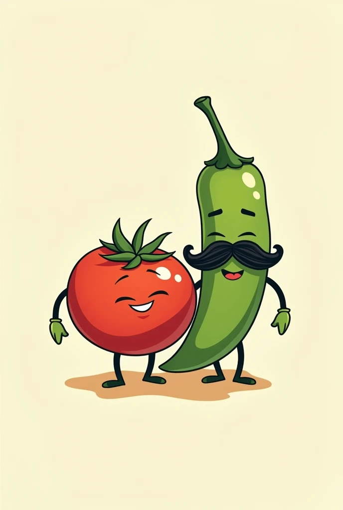 Logo of a tomato with a mustache and a green chili with a mustache and faces